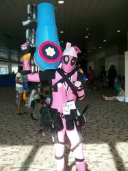 Size: 500x667 | Tagged: convention, cosplay, costume, deadpool, derpibooru import, human, irl, irl human, party cannon, photo, pinkie pie, safe