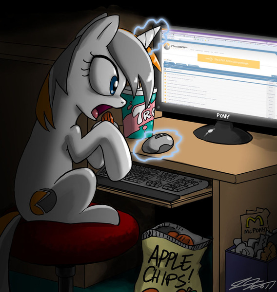 Size: 900x950 | Tagged: safe, artist:johnjoseco, derpibooru import, oc, oc:belle eve, ponified, pony, belle eve, chips, computer, mascot, neogaf