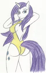 Size: 811x1280 | Tagged: anthro, artist:duragan, artist:rikmccloud, ass, breasts, cleavage, clothes, derpibooru import, female, one-piece swimsuit, open-back swimsuit, rarity, sideboob, suggestive, swimsuit, wet, wet mane, wet mane rarity