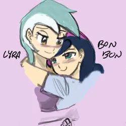 Size: 362x360 | Tagged: safe, artist:johnjoseco, artist:krekka01, derpibooru import, bon bon, lyra heartstrings, sweetie drops, human, female, hug, humanized, lesbian, lyrabon, shipping