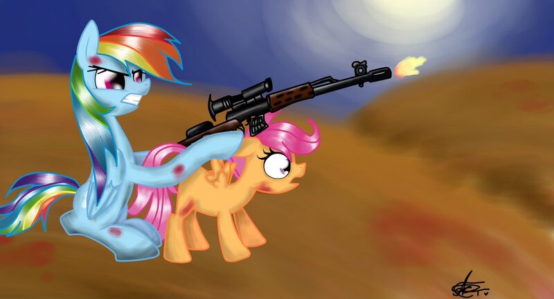 Size: 1024x553 | Tagged: semi-grimdark, derpibooru import, rainbow dash, scootaloo, pegasus, pony, blood, desert, dragunov, female, filly, gun, implied scootabuse, mare, rifle, scope, sitting, sniperskya vintovka dragunova, sun, svd, weapon, who needs trigger fingers