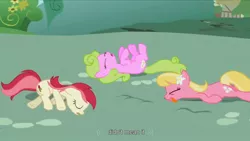 Size: 1176x662 | Tagged: safe, derpibooru import, screencap, daisy, flower wishes, lily, lily valley, roseluck, applebuck season, eyes closed, flower trio, meme, playing dead, the horror, tongue out, youtube caption