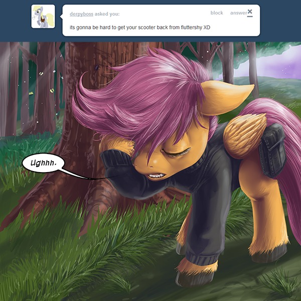 Size: 600x600 | Tagged: artist:aphexangel, ask, ask stalkerloo, clothes, derpibooru import, safe, scootaloo, solo, stalkerloo, tree, tumblr