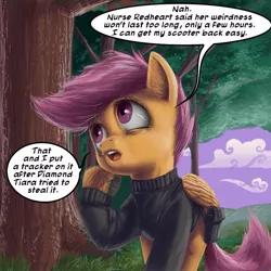 Size: 600x600 | Tagged: artist:aphexangel, ask, ask stalkerloo, clothes, derpibooru import, hooves, safe, scootaloo, solo, stalkerloo, tree, tumblr, unshorn fetlocks