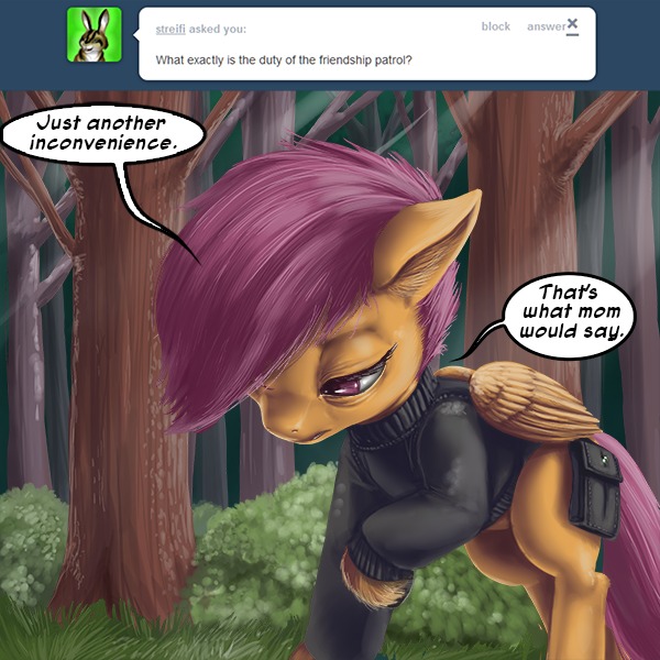 Size: 600x600 | Tagged: artist:aphexangel, ask, ask stalkerloo, clothes, derpibooru import, hooves, safe, scootaloo, solo, stalkerloo, tree, tumblr