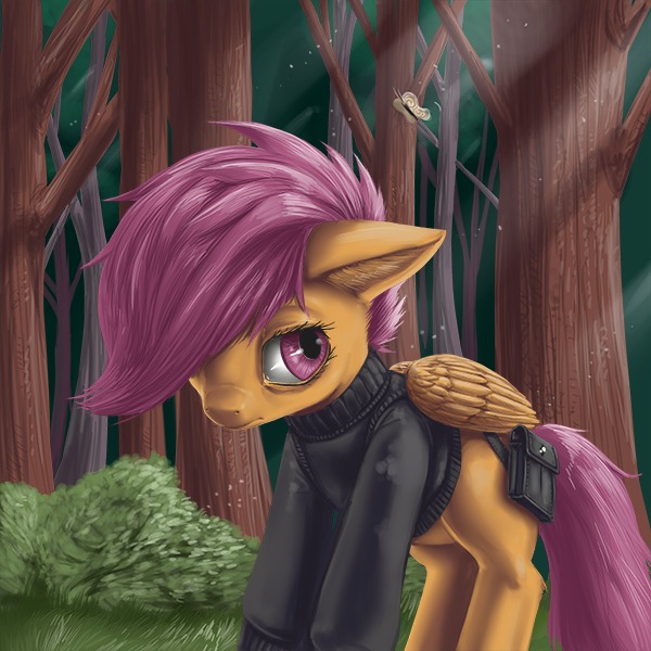 Size: 600x600 | Tagged: artist:aphexangel, ask, ask stalkerloo, clothes, derpibooru import, safe, scootaloo, solo, stalkerloo, tree, tumblr