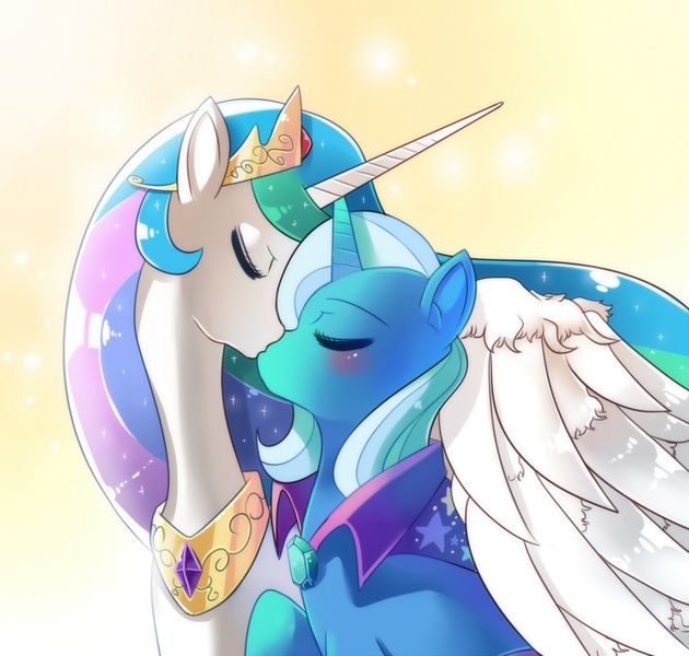 Size: 1312x1250 | Tagged: artist:freedomthai, blushing, derpibooru import, female, kissing, lesbian, princess celestia, safe, shipping, trixie, trixlestia, winghug