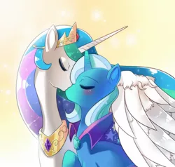 Size: 1312x1250 | Tagged: artist:freedomthai, blushing, derpibooru import, female, kissing, lesbian, princess celestia, safe, shipping, trixie, trixlestia, winghug