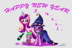 Size: 1500x1000 | Tagged: safe, artist:esuka, derpibooru import, princess cadance, spike, twilight sparkle, alicorn, pony, unicorn, 2013, baby new year, crossed arms, cute, diaper, female, frown, glare, grin, happy new year, levitation, magic, mare, open mouth, simple background, sitting, smiling, star swirl the bearded costume, telekinesis, text, unamused, white background