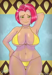 Size: 1000x1450 | Tagged: adult, arm behind head, armpits, artist:spindlesx, babs seed, big breasts, bikini, bikini babe, blushing, breasts, busty babs seed, clothes, curvy, derpibooru import, female, hand on hip, human, humanized, older, seductive pose, solo, solo female, stupid sexy babs seed, suggestive, swimsuit, thigh gap, underass, underwear, wide hips, yellow bra, yellow panties, yellow underwear