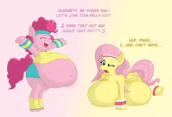 Size: 1578x1071 | Tagged: safe, artist:blubberwhale, derpibooru import, fluttershy, pinkie pie, earth pony, pegasus, pony, belly, belly button, big belly, fat, fattershy, jiggle, obese, pudgy pie