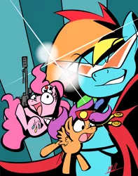 Size: 3000x3800 | Tagged: artist:red-poni, derpibooru import, glasses, gun, kamina, parody, pinkie pie, rainbow dash, safe, scootaloo, tengen toppa gurren lagann