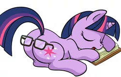 Size: 1000x637 | Tagged: safe, artist:madmax, derpibooru import, twilight sparkle, pony, unicorn, book, eyes closed, facebooking, female, glasses, literal smartass, mare, open mouth, plot, prone, simple background, sleeping, smartass, solo, unicorn twilight, visual pun, wat, white background