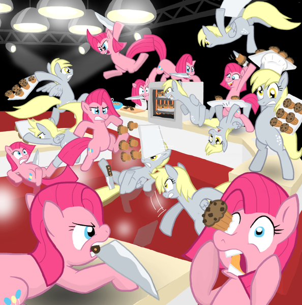 Size: 955x964 | Tagged: safe, artist:shutterflye, derpibooru import, derpy hooves, pinkie pie, pegasus, pony, cupcakes vs muffins, eye scream, female, fight, knife, mare, muffin, multeity, pinkamena diane pie, this will end in pain, too much pink energy is dangerous