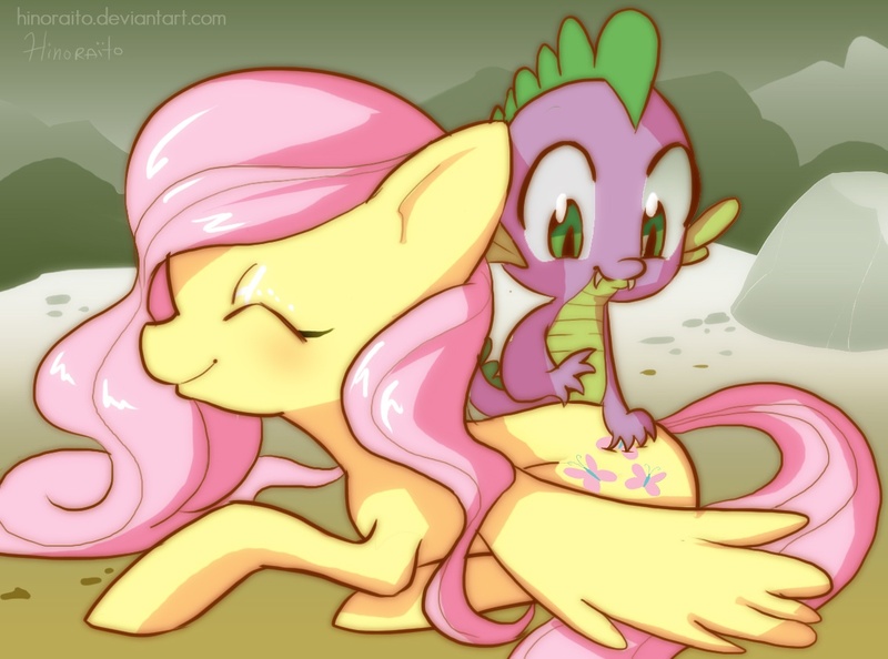 Size: 1134x842 | Tagged: artist:hinoraito, derpibooru import, female, fluttershy, flutterspike, male, rump scritches, safe, shipping, spike, straight