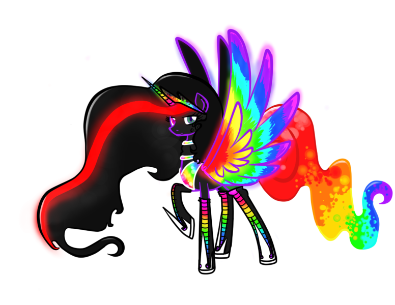 Size: 1100x850 | Tagged: safe, artist:russiankolz, derpibooru import, oc, oc:princess neon boom, unofficial characters only, alicorn, original species, pony, alicorn oc, colored horn, colored wings, ethereal mane, heterochromia, multicolored wings, neon, neon pony, rainbow tail, rainbow wings, raised hoof, solo, spread wings, wings