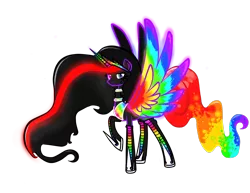 Size: 1100x850 | Tagged: safe, artist:russiankolz, derpibooru import, oc, oc:princess neon boom, unofficial characters only, alicorn, original species, pony, alicorn oc, colored horn, colored wings, ethereal mane, heterochromia, multicolored wings, neon, neon pony, rainbow tail, rainbow wings, raised hoof, solo, spread wings, wings