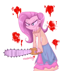 Size: 859x930 | Tagged: artist:cosmicponye, breasts, chainsaw, clothes, derpibooru import, fluttershed, fluttershy, human, humanized, .mov, pony.mov, semi-grimdark, shed.mov, skinny, skirt, solo, sweater, sweatershy