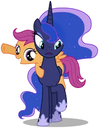 Size: 3883x5000 | Tagged: artist:zutheskunk traces, derpibooru import, ponies riding ponies, princess luna, raised hoof, safe, scootaloo, simple background, transparent background, vector, vector trace