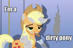 Size: 960x631 | Tagged: applejack, bedroom eyes, cement, derpibooru import, edit, edited screencap, image macro, it's about time, mouth hold, safe, screencap, solo, trowel