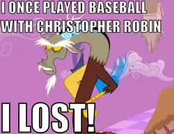 Size: 622x478 | Tagged: angry, christopher robin, cropped, discord, discorded landscape, draconequus, edit, edited screencap, image macro, purple sky, safe, screencap, solo, the return of harmony, winnie the pooh home run derby