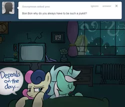 Size: 575x494 | Tagged: artist:bambooharvester, ask, bon bon, bon bon is not amused, couch, dark, derpibooru import, interior, lyra heartstrings, rain, safe, sleeping, sweetie drops, television, tumblr, unamused, window