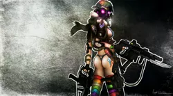 Size: 3400x1875 | Tagged: artist:el-creepo, bayonet, bikini, breasts, clothes, derpibooru import, dual wield, eotech, gas mask, glowing eyes, gun, holographic sight, humanized, rainbow dash, submachinegun, suggestive, swimsuit, tdi vector, weapon