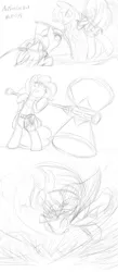 Size: 1024x2351 | Tagged: safe, artist:dshou, derpibooru import, derpy hooves, pinkie pie, twilight sparkle, earth pony, pegasus, pony, unicorn, female, hammer, mare, monochrome, sketch