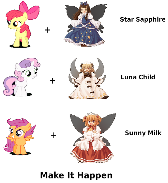 Size: 732x800 | Tagged: apple bloom, cutie mark crusaders, derpibooru import, exploitable meme, fairy, luna child, make it happen, safe, scootaloo, star sapphire, sunny milk, sweetie belle, touhou