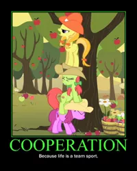 Size: 600x750 | Tagged: safe, derpibooru import, edit, edited screencap, screencap, berry punch, berryshine, jonagold, marmalade jalapeno popette, peachy sweet, earth pony, pony, over a barrel, apple family member, apple tree, background pony, cowboy hat, female, hat, mare, motivational poster, pony pile, tower of pony, tree