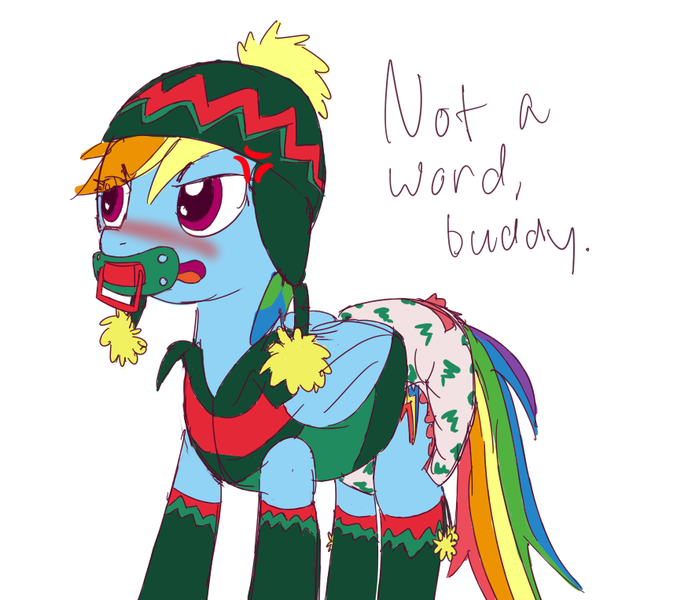 Size: 861x763 | Tagged: questionable, artist:rasile, derpibooru import, rainbow dash, adult foal, annoyed, beanie, clothes, cute, dashabetes, diaper, diaper fetish, hat, pacifier, socks, sweater