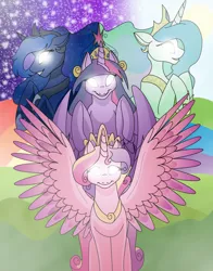 Size: 900x1149 | Tagged: safe, artist:100yearslater, derpibooru import, princess cadance, princess celestia, princess luna, twilight sparkle, twilight sparkle (alicorn), alicorn, pony, alicorn tetrarchy, glowing eyes