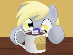 Size: 1280x960 | Tagged: safe, artist:8aerondight8, derpibooru import, derpy hooves, rarity, pony, cup of pony, hot chocolate, marshmallow, micro, rarity is a marshmallow