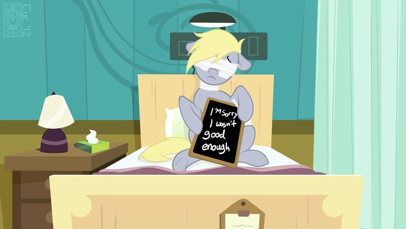 Size: 1200x678 | Tagged: semi-grimdark, artist:tyelle, artist:tyelleniko, derpibooru import, derpy hooves, pegasus, pony, bed, derpygate, female, hospital, mare, sad