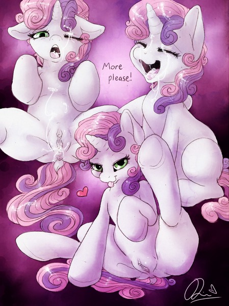 Size: 1197x1599 | Tagged: explicit, artist:dimwitdog, derpibooru import, sweetie belle, pony, cum, cum on belly, cum on eye, cum on pussy, cum on tongue, facial, female, floating heart, foalcon, heart, hooves, human vagina on pony, image, implied straight, jpeg, looking at you, nudity, smiling, solo, solo female, spreading, sticking tongue out, underage, underass, vagina