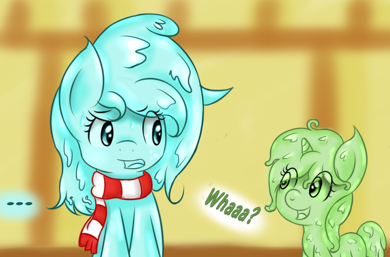 Size: 1000x660 | Tagged: safe, artist:freefraq, derpibooru import, oc, oc:minty slime, oc:shiny slime, unofficial characters only, goo pony, original species, ask, clothes, foal, scarf, slime, tumblr