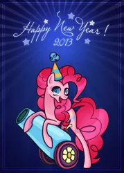 Size: 1500x2100 | Tagged: 2013, artist:sandra626, blue, cute, derpibooru import, happy new year, hat, party cannon, party hat, pinkie pie, safe, shine, stars