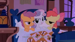 Size: 1344x756 | Tagged: apple bloom, cutie mark crusaders, derpibooru import, implied kissing, lidded eyes, safe, scootaloo, screencap, stare master, sweetie belle, youtube caption