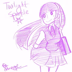 Size: 500x500 | Tagged: artist:deffgirl5, book, clothes, derpibooru import, female, human, humanized, jewelry, necklace, safe, skirt, solo, twilight sparkle, vest, white background