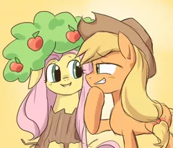 Size: 700x600 | Tagged: safe, artist:yubi, derpibooru import, applejack, fluttershy, appleshy, apple tree, costume, female, fluttertree, lesbian, shipping, tree, tree costume