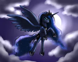 Size: 2000x1600 | Tagged: artist:maplesunrise, cloud, cloudy, derpibooru import, flying, moon, night, princess luna, safe, solo