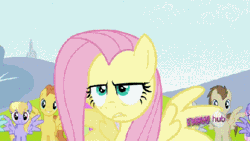 Size: 402x227 | Tagged: safe, derpibooru import, screencap, cloud kicker, crescent pony, derpy hooves, dizzy twister, fluttershy, mane moon, merry may, orange swirl, purple waters, rainbowshine, spring melody, sprinkle medley, warm front, pegasus, pony, hurricane fluttershy, animated, female, hub logo, mare, mindfuck, nightmare fuel, spin