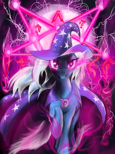 Size: 3000x4000 | Tagged: safe, artist:spaceweasel2306, derpibooru import, trixie, pony, unicorn, badass, cape, clothes, female, full moon, glow, hat, magic, mare, moon, pentagram, raised hoof, runes, solo, sombra eyes