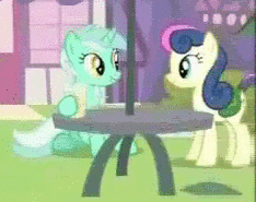 Size: 234x185 | Tagged: animated, bon bon, derpibooru import, lyra heartstrings, ponies standing next to each other, putting your hoof down, saddle bag, safe, screencap, shipping fuel, sweetie drops