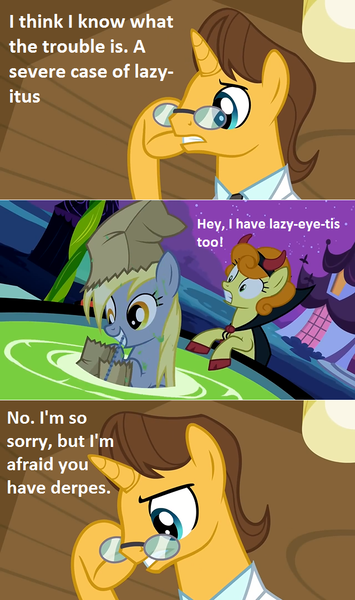 Size: 640x1082 | Tagged: safe, derpibooru import, edit, edited screencap, screencap, carrot top, derpy hooves, doctor horse, doctor stable, golden harvest, pegasus, pony, unicorn, luna eclipsed, read it and weep, calibri, comic, derpes, female, glasses, male, mare, pun, screencap comic, stallion