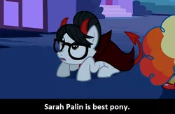 Size: 762x496 | Tagged: calibri, derpibooru import, devil horns, edit, edited screencap, frown, glasses, looking up, luna eclipsed, mayor mare, meta, open mouth, prone, safe, sarah palin, screencap, solo focus, wide eyes, writing desk