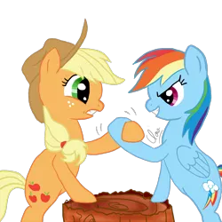 Size: 1000x1000 | Tagged: applejack, artist:bronyforever23, derpibooru import, hoofwrestle, rainbow dash, safe