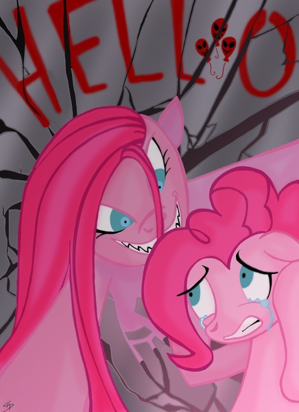 Size: 1791x2465 | Tagged: artist:falleninthedark, derpibooru import, duality, pinkamena diane pie, pinkie pie, semi-grimdark