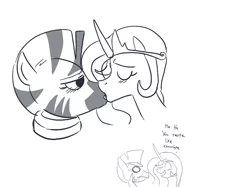 Size: 677x507 | Tagged: artist:klondike, derpibooru import, female, kissing, lesbian, monochrome, princess celestia, safe, shipping, zebra, zecora, zelestia