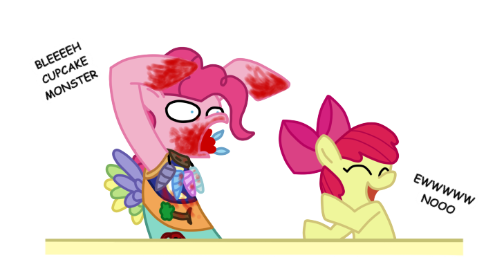 Size: 703x376 | Tagged: semi-grimdark, artist:seabastian, derpibooru import, apple bloom, pinkie pie, earth pony, pony, fanfic:cupcakes, alfalfa monster, bipedal, blood, cutie mark dress, female, filly, mare, parody